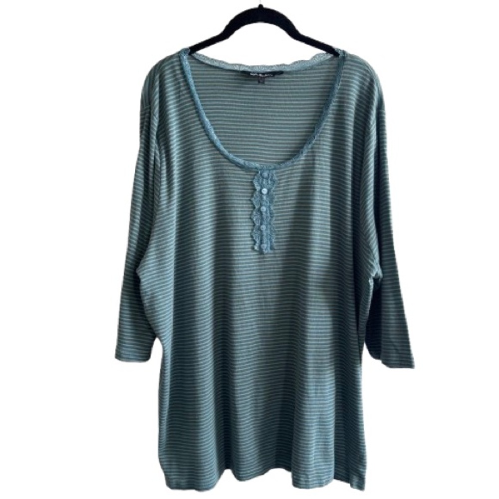 Ulla Popken Blue Slim 3/4 Sleeve Stripe Lace Trim Top 100% Cotton 24/26